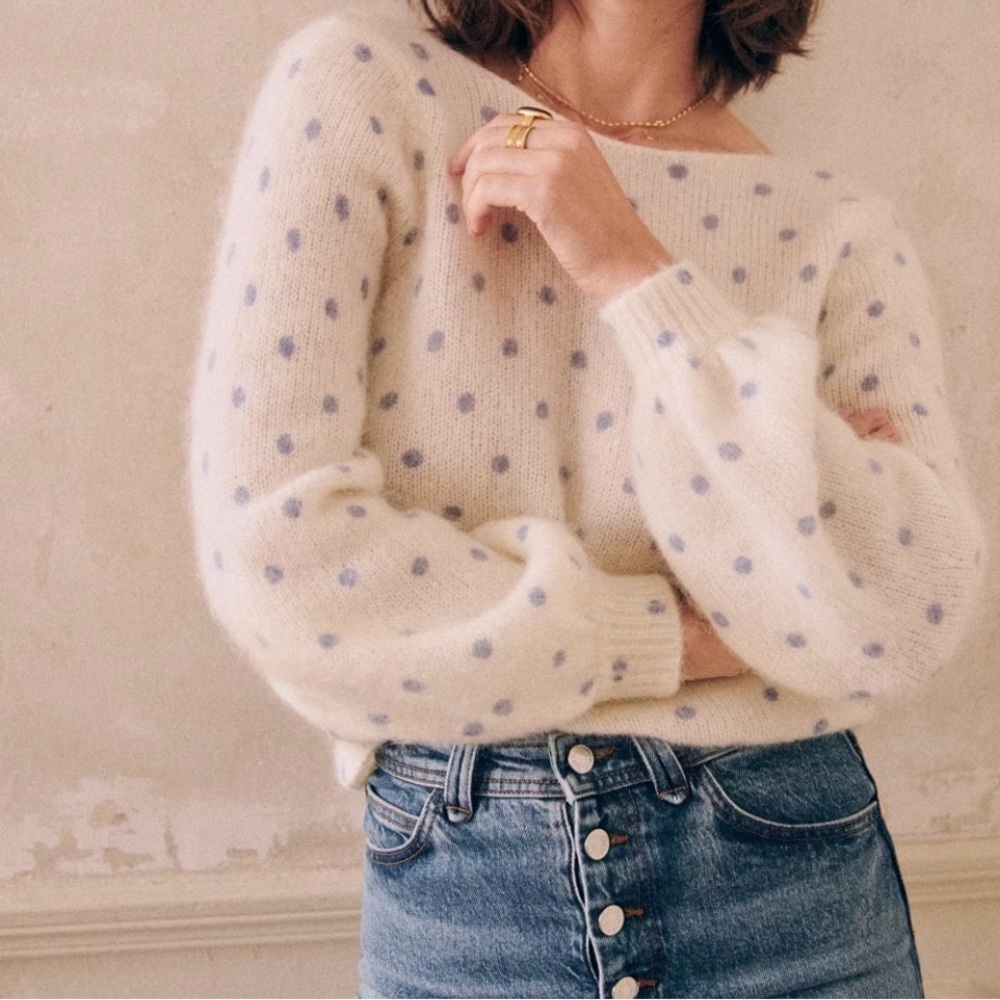Sézane Cream and Blue Polka Dot Sweater